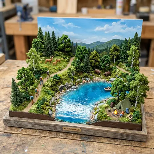 3D Nature Scene Miniature Model with Trees, Lake, and Wildlife
