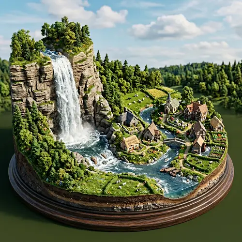 3D Waterfall Scene with Tranquil Village and Lush Greenery