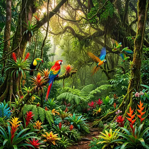 Vibrant Jungle Scene | Lush Flora & Colorful Birds