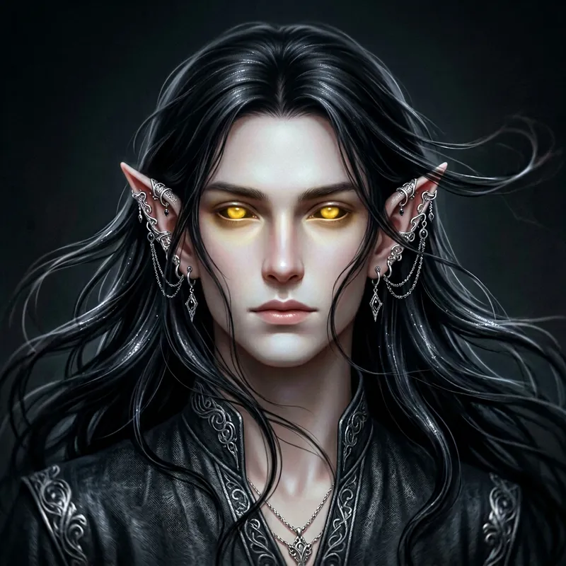 Captivating Ethereal Androgynous Elf Portrait - Enchanting Golden-Eyed Pale Elf with Flowing Black Hair