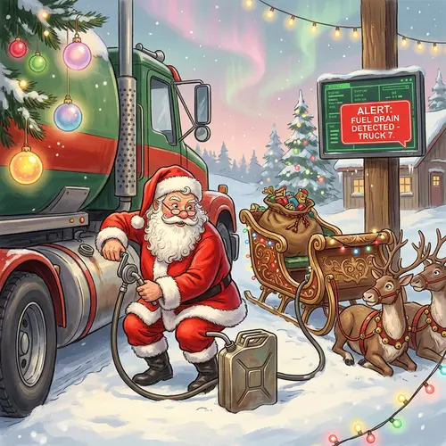 Christmas Character Refuels Sled with Diesel from Truck | Illustration