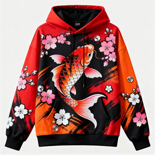 Japanese Streetwear Hoodie - Koi Fish & Cherry Blossoms