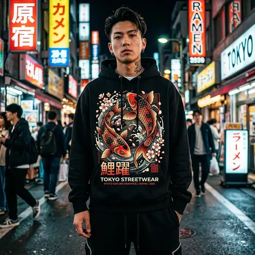 Japanese Streetwear Hoodie - Koi Fish & Cherry Blossoms