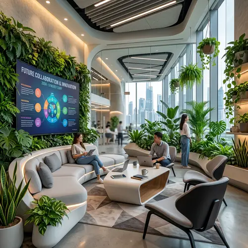Futuristic Office Breakout Area Design with Table, Chair, Screen, Sofa, and Plants