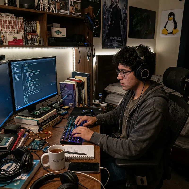 Serene 19-Year-Old Hispanic Male Immersed in Technology