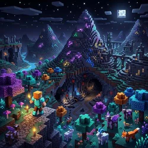 Enigmatic Realm of Minecraft: Surreal Landscape and Cubic Wonders