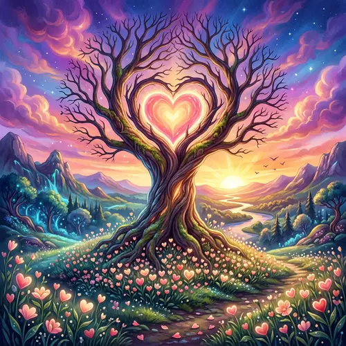Surreal Landscape of Love: Gnarl Tree and Glowing Heart