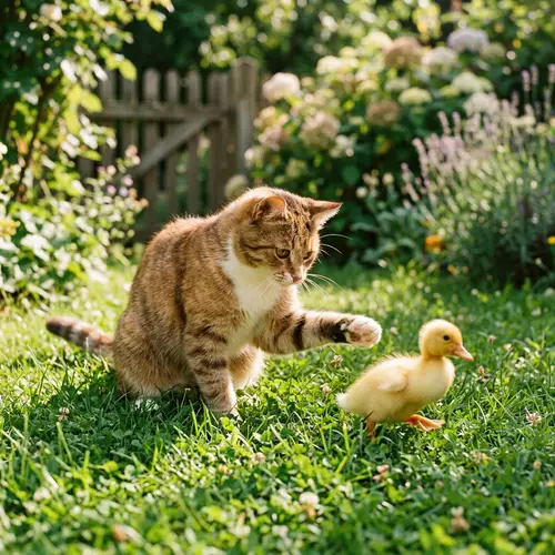 Adorable Cat Plays with Duckling