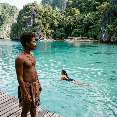 Lagoon Scene in the Philippines: Indigenous Man Observing a Swimming Native Filipino Lady