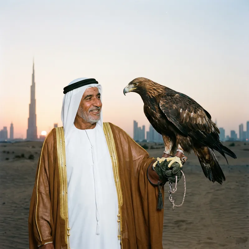 Eagle on Shoulder: A Dubai-Inspired Photo