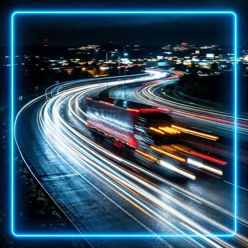 Vivid Blue Neon Truck and Trailer Journey on Highway