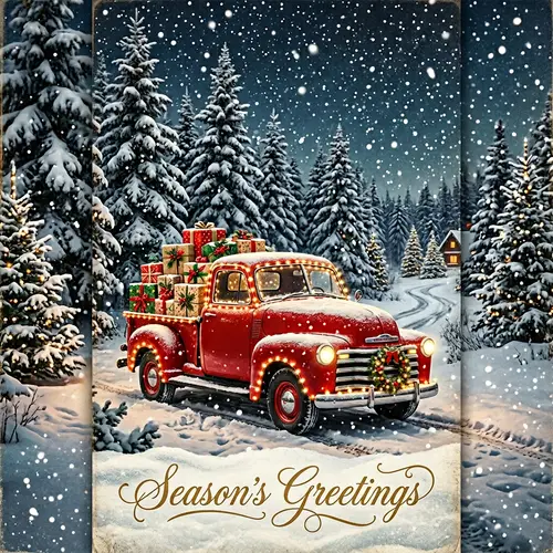 Wintry Vintage Truck Christmas Postcard Design