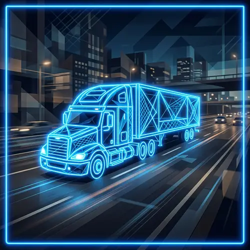 Abstract Neon Truck on Multilane Highway - Geometric Contrast
