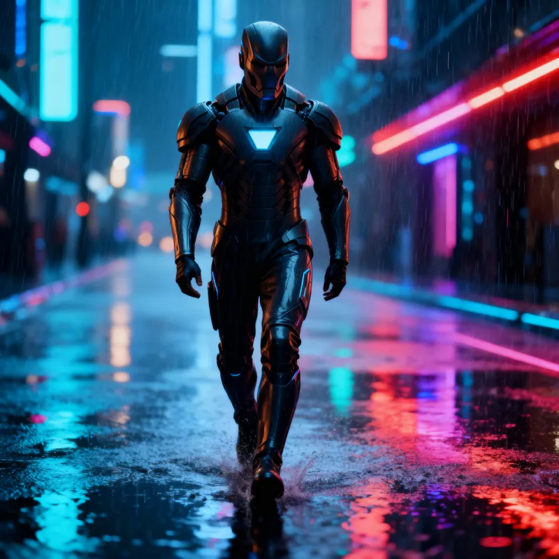 Mysterious Man in Neon Rainy City - Cyber Aesthetic