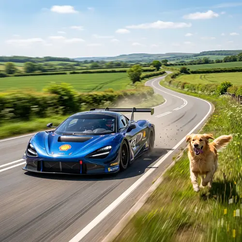 Vibrant Racing Car with Playful Dog on Open Road