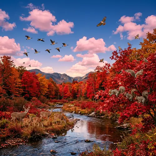 Utopian Wildlife Scene: Animals in Nature under Blue Sky and Red Trees