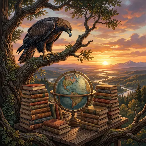 Majestic Eagle Overlooking Globe & Antique Books
