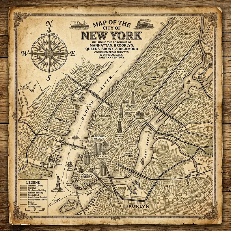 Vintage Map of New York City - Early 20th Century Cityscape Vintage Map of New York City - Early 20th Century Cityscape