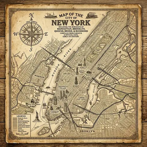 Vintage Style Map of New York City - Early 20th Century Cityscape