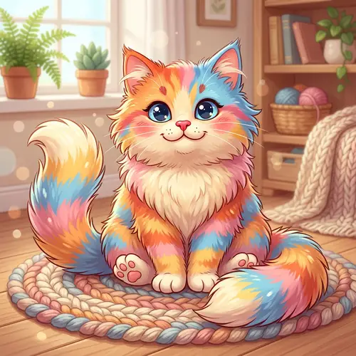 Delightful Cartoon Style Sitting Cat with Soft Fluffy Fur