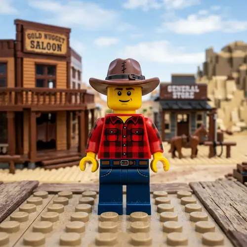 Lego Minifigure with Red Checked Shirt & Cowboy Hat