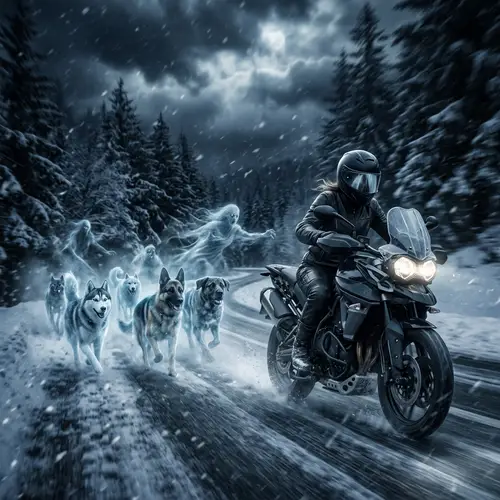 Spectral Motorcyclist in Winter Chase | High-Speed Thrills