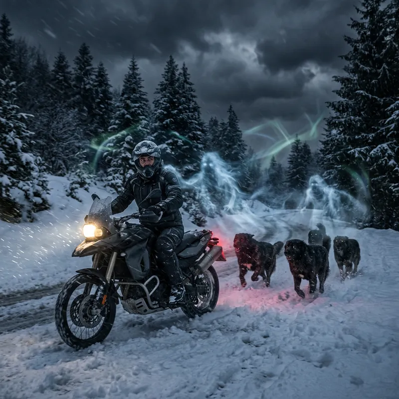 Ghostly Night Chase: Motorcyclist vs Dogs in Winter Storm
