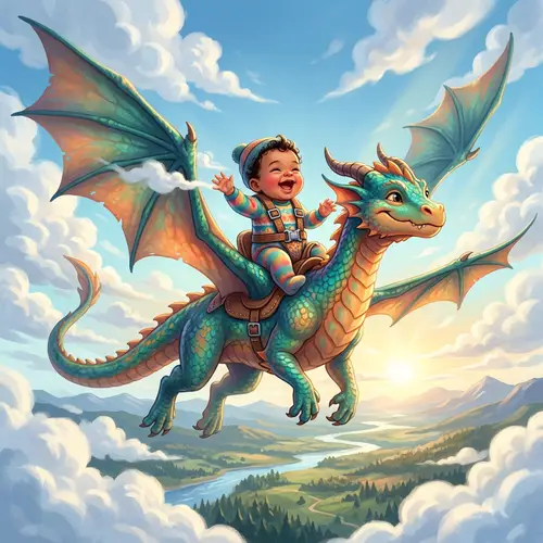 Adorable Infant Riding Flying Dragon | Illustration