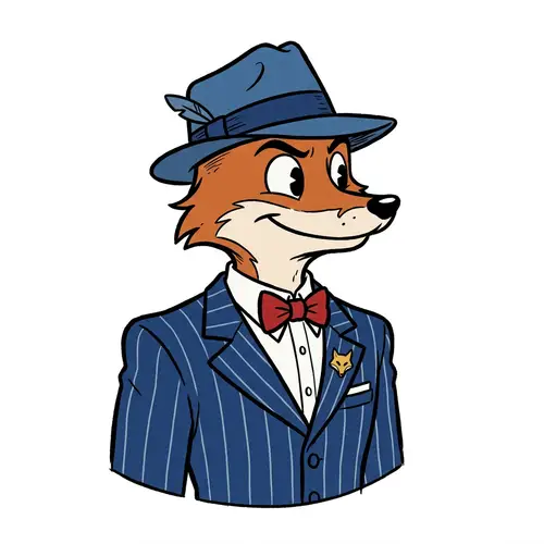 Cartoon Fox in Blue Mafia Suit and Hat