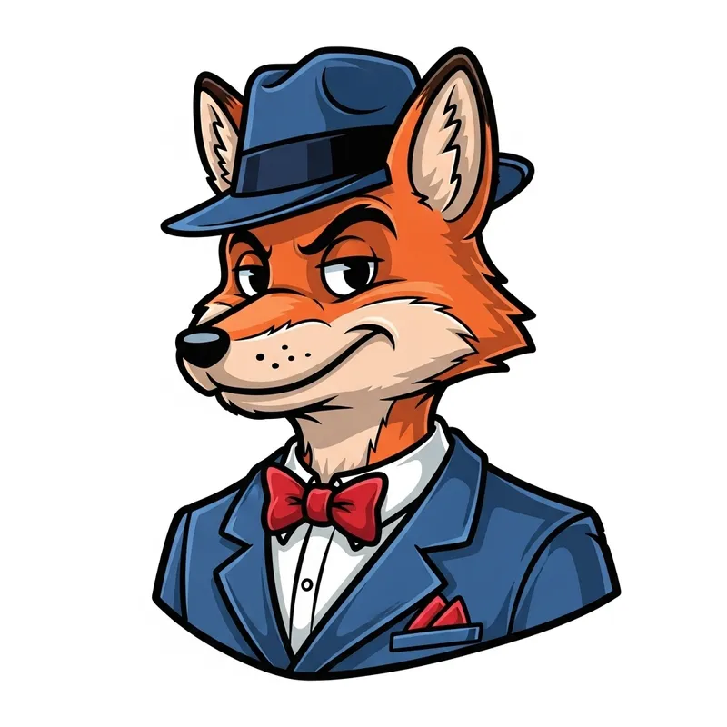 Cartoon Fox in Blue Mafia Suit and Hat