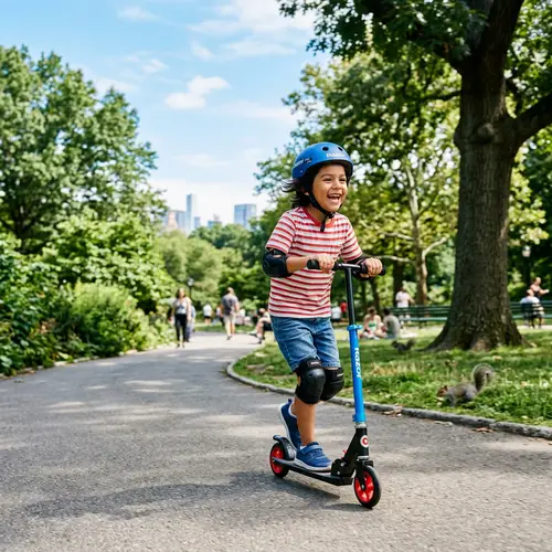 Hispanic Boy on Scooter in Urban Park