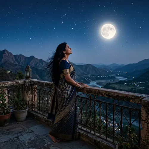 South Asian Woman in Traditional Sari Gazes at Rising Moon