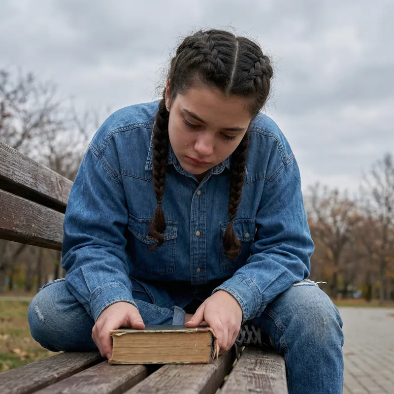 Sad Girl Reading Book Outdoors