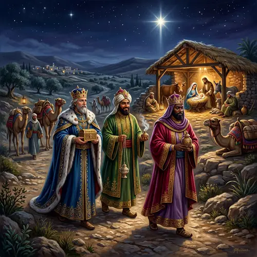 Three Kings Bringing Gifts to Stable | Traditional Carol Scene