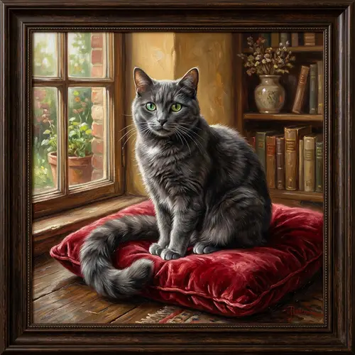 Gray Domestic Cat on Plush Red Cushion | Oil Painting Art