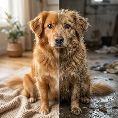 Dramatic Contrast in Dog's Fur: Clean vs. Dirty Halves