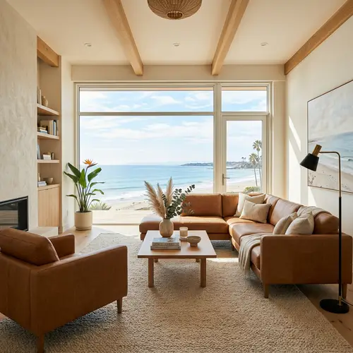 Modern Cozy Living Room with Beach Landscape View