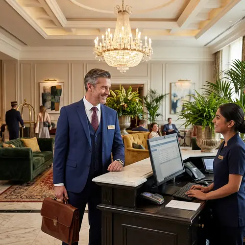 Luxury Hotel Sales Manager Welcoming Guests in Lobby