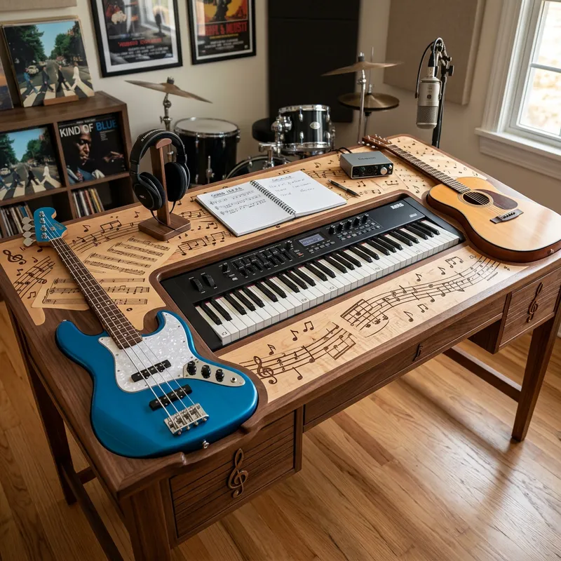 Music-Themed Keyboard, Bass Guitar, and Acoustic Guitar Desk
