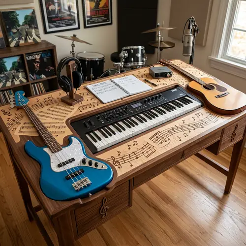Music-Themed Desk with Keyboard, Bass Guitar, and Acoustic Guitar