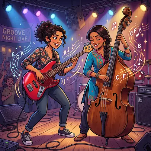 Cartoon Women Playing Bass | Music Passion