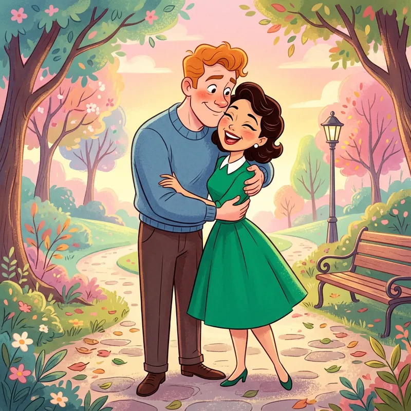 Cartoon Hug and Kiss: Heartwarming Affection Illustration