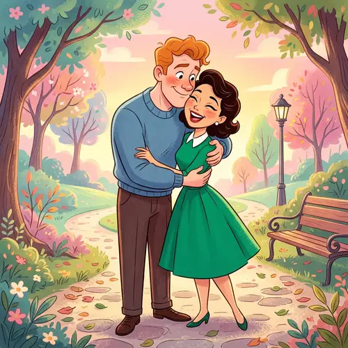 Cartoon Hug and Kiss: Heartwarming Affection Illustration