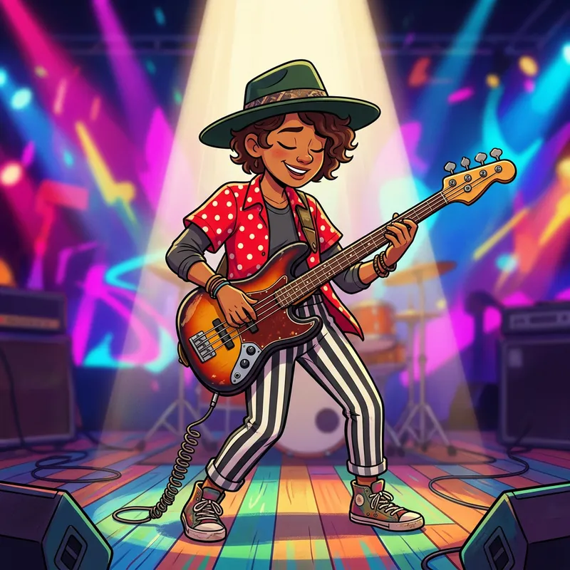 Colorful Cartoon Character Playing Bass Guitar on Vibrant Stage