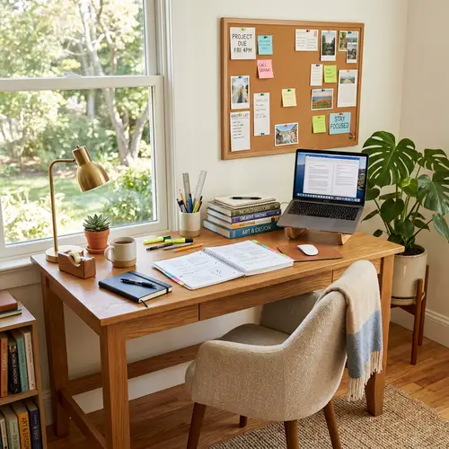 Wooden Studying Desk with Laptop, Books, and Stationery