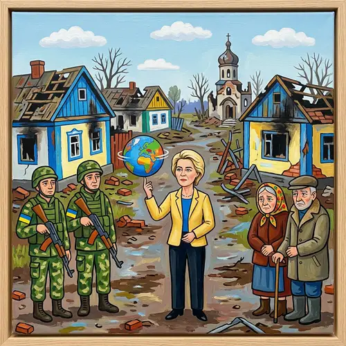 Naive Painting of Ukrainian Village and Ursula von der Leyen