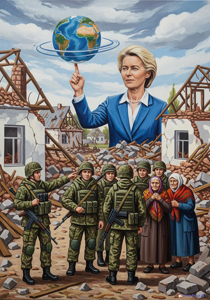 Naive Painting of Ukrainian Village and Ursula von der Leyen