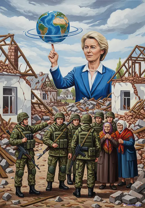 Naive Painting of Ukrainian Village and Ursula von der Leyen