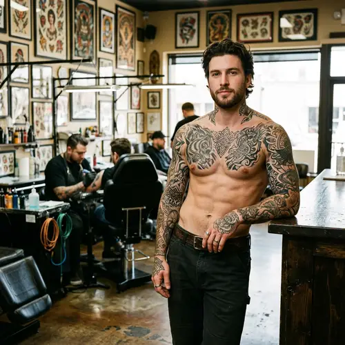 Realistic Shirtless Caucasian Man Tattoo Design | Unique Artwork