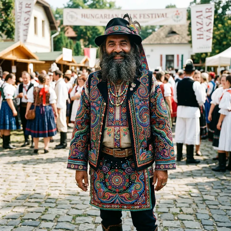 Man with Beard in Hungarian Folk Dress with Psychedelic Style